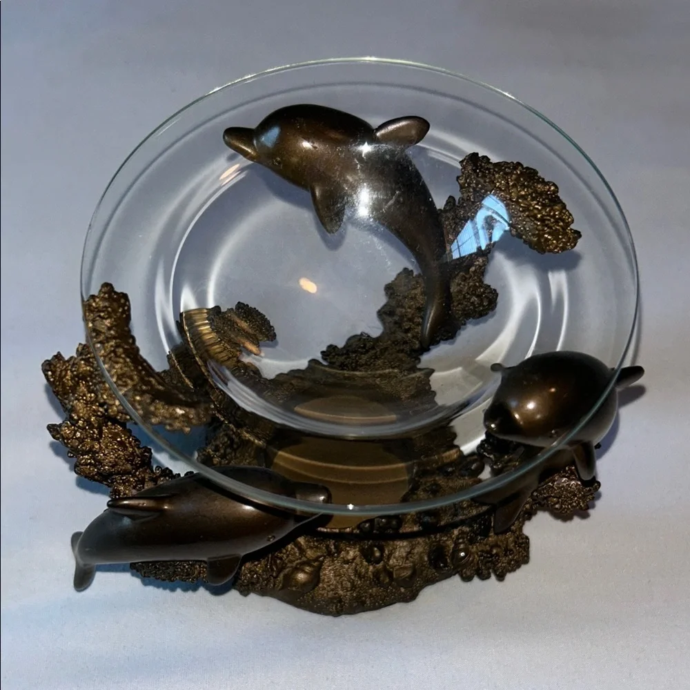 PartyLite Bronze 3 Dolphin Oil Wax Melt Scent Aroma Candle Holder (RETIRED)